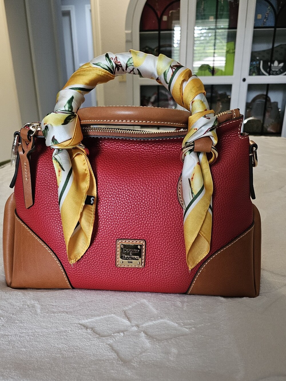 Dooney & Bourke Red Pebble Leather Satchel with Florentine Trim.